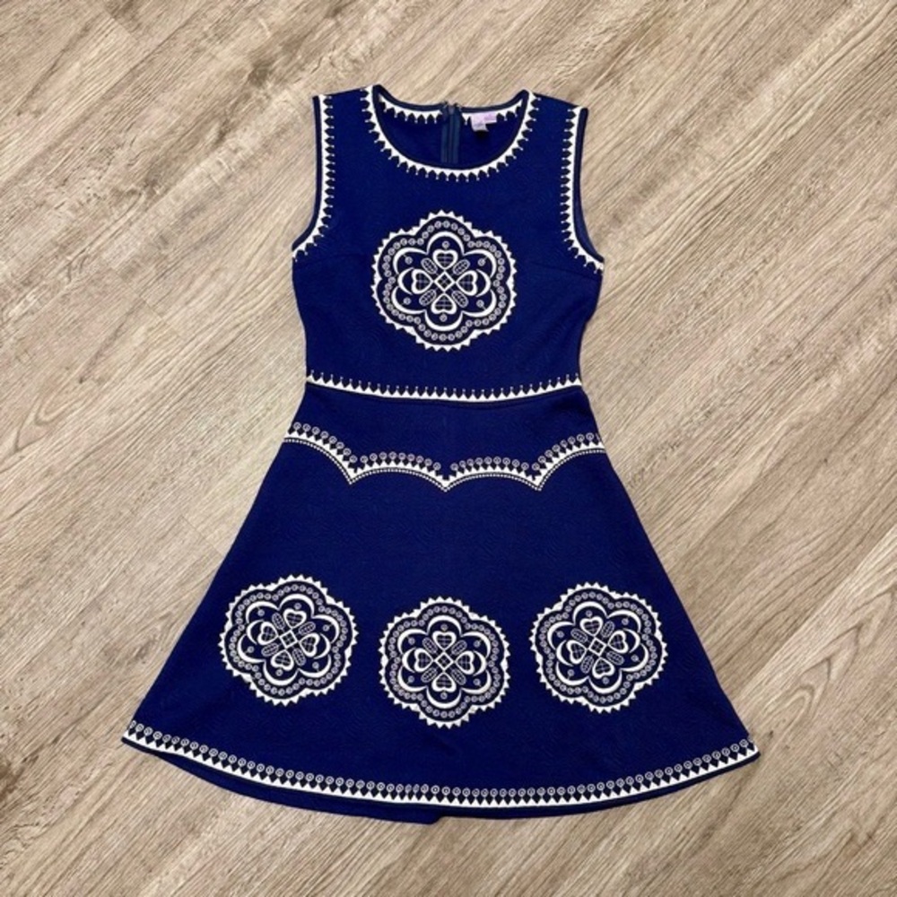Girls Navy Blue Embroidered Fit & Flare Dress